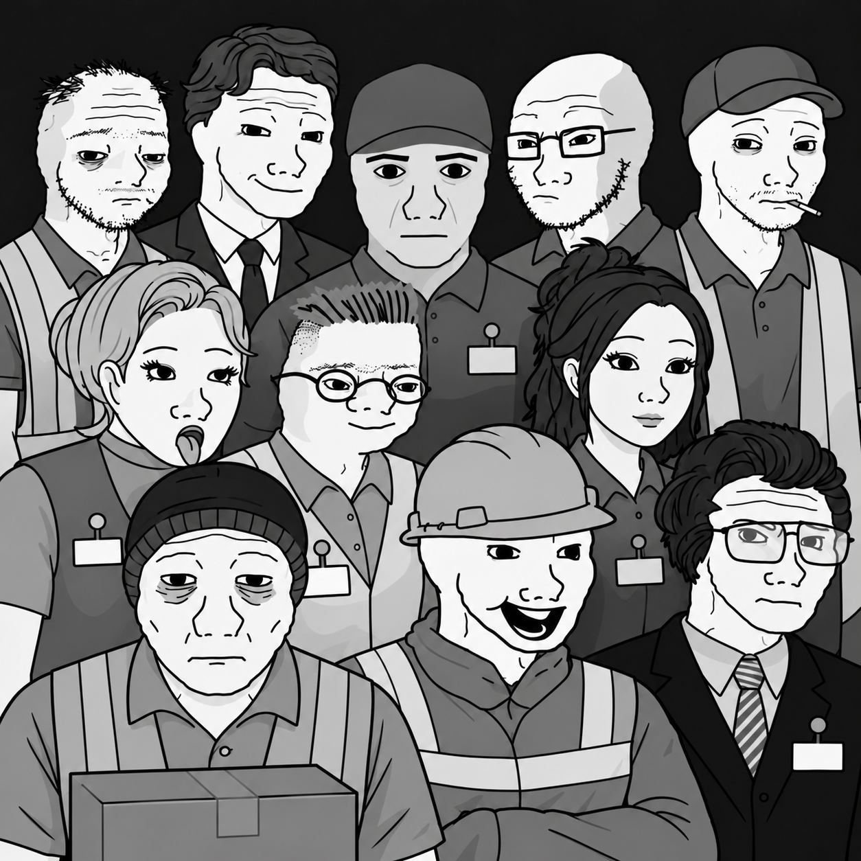 The EMPLOYISMS crew in black and white